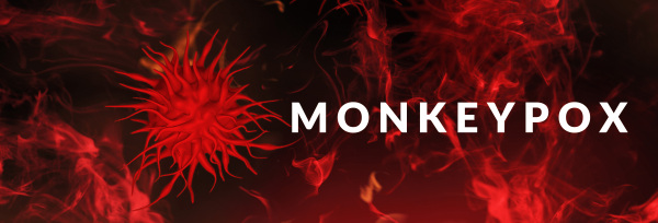 A monkeypox virus cells outbreak wide medical banner. Monkeypox virus cells on dark sciense background.