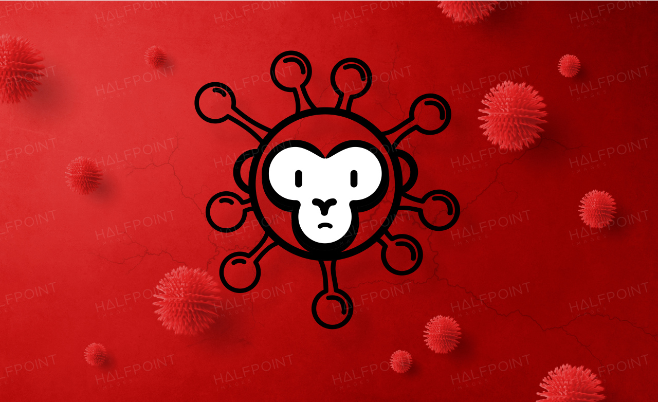 A monkeypox infection pandemic wide banner. Virus design with cells on red background.