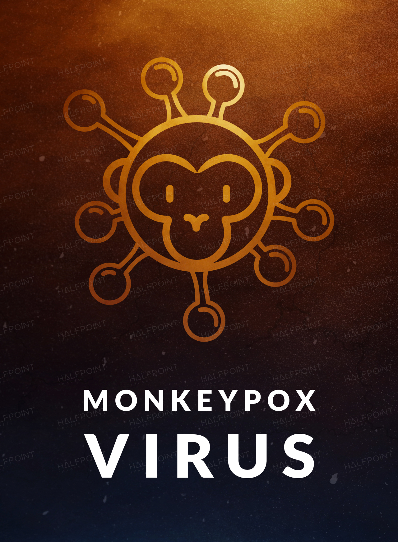 A monkeypox infection pandemic banner. Virus design with text on dark brown background.