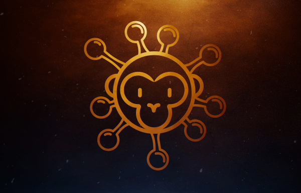 A monkeypox infection pandemic banner. Virus design on dark brown background.