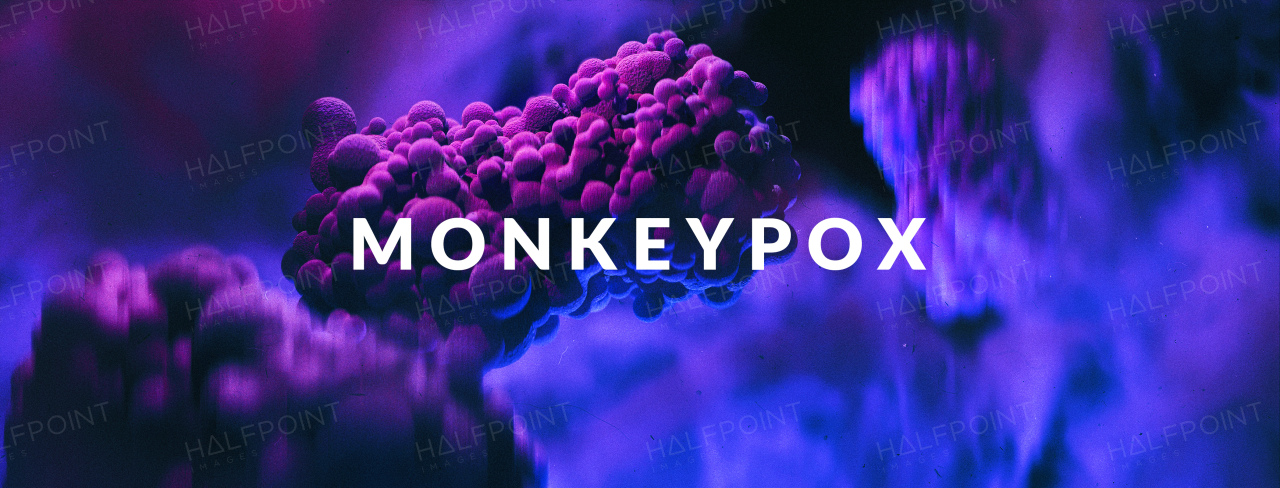 A monkeypox virus cells outbreak wide medical banner. Monkeypox virus cells on dark sciense background.