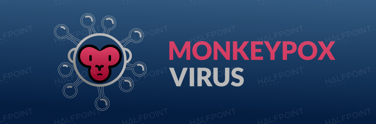 a Monkeypox infection pandemic wide banner. Virus design with text on blue background.