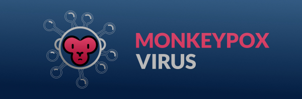 a Monkeypox infection pandemic wide banner. Virus design with text on blue background.