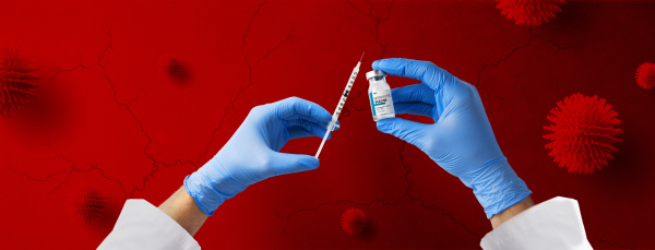 A doctor's hand holding monkeypox vaccine with microscopic view of floating monkeypox virus cells or molecules in background.