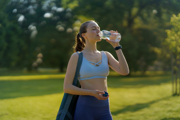 Side view of beautiful athletic girl in sportswear with yoga mat on shoulder drinking water from bottle heading for a pilates workout.