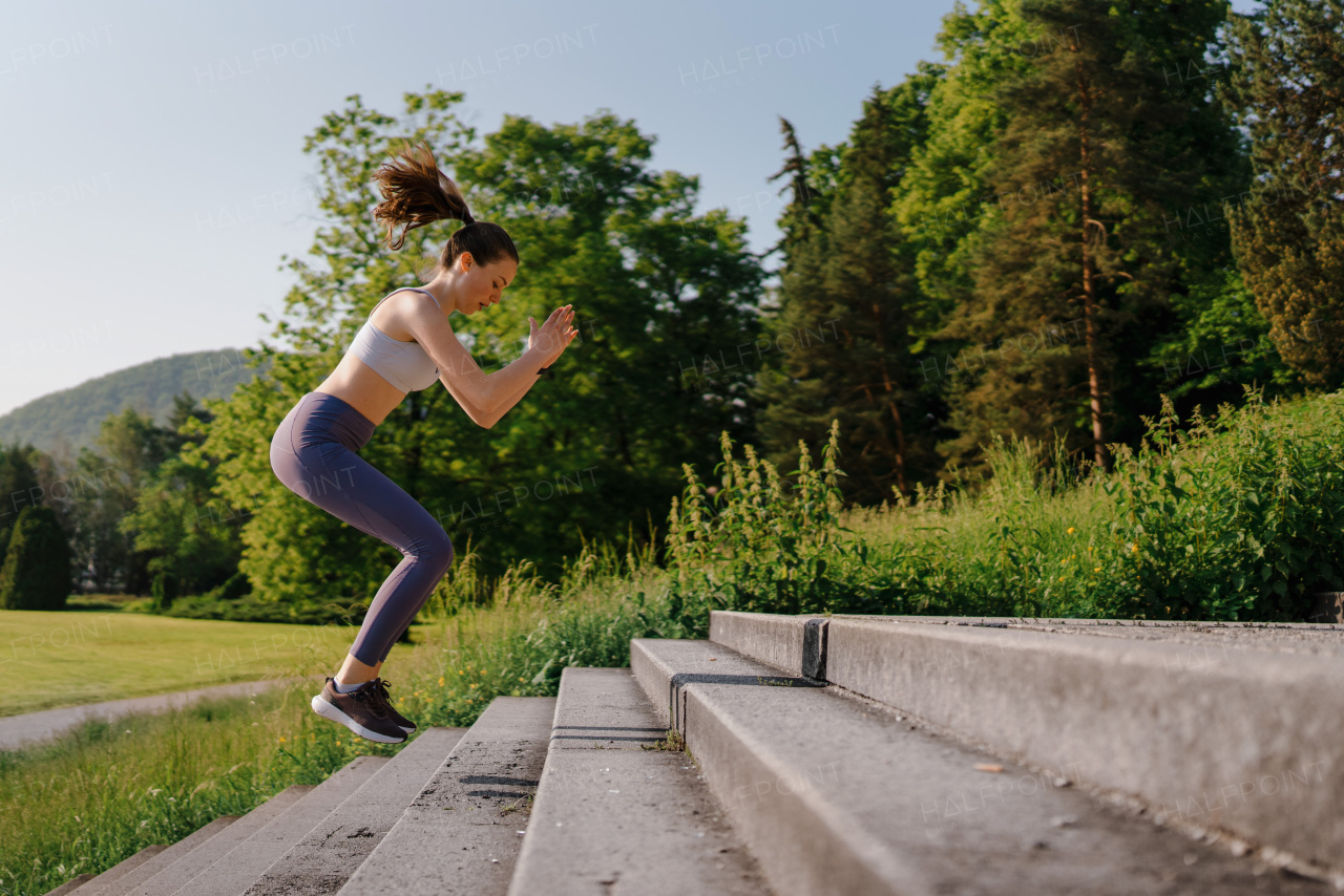 Sporty woman doing jumping squats exercise on stairs in city park. Female athlete in sportswear doing fitness workout in the city. Healty lifestyle concept.