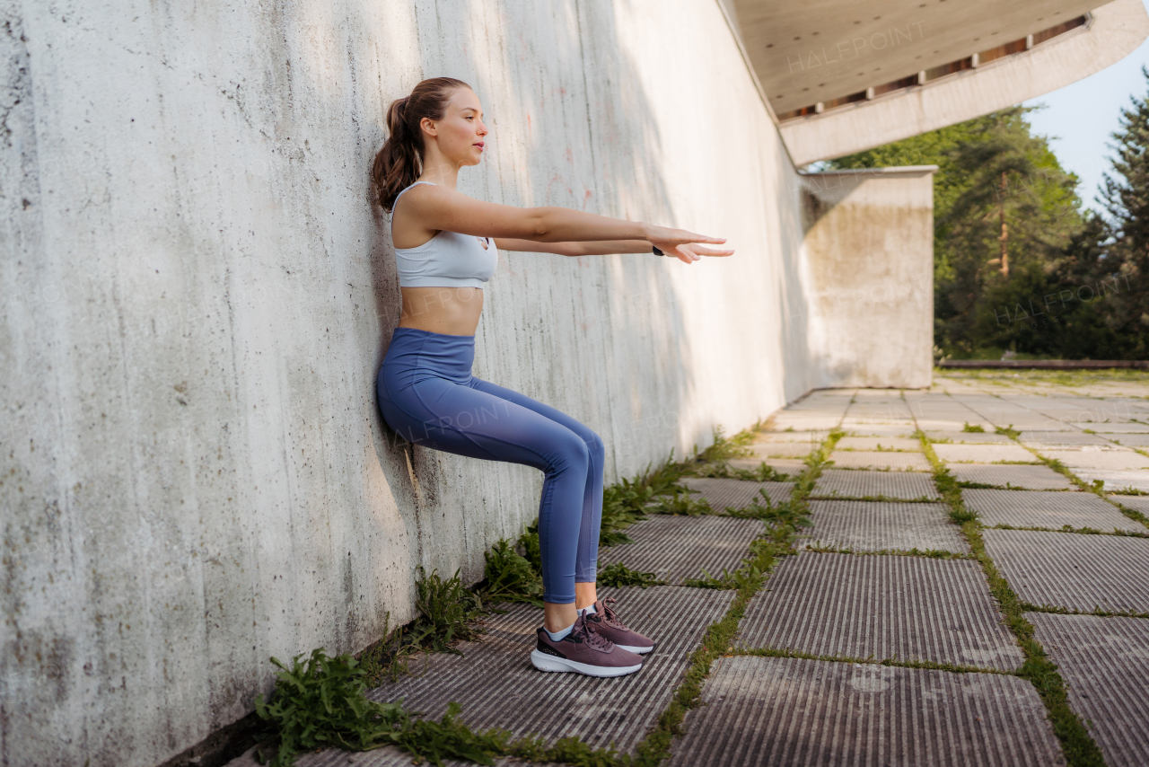 Portrait of young sporty woman in sportswear excercising outdoors. Fitness woman in front of concrete wall in the city. Healthy lifestyle concept. Street workout.