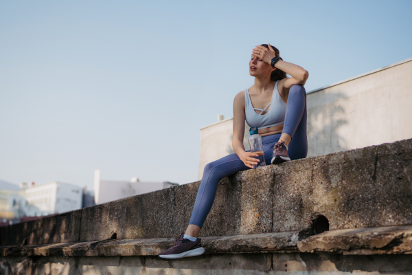 Young fitness woman in sportswear resting after hard workout session in the city. Sporty woman catching breath and drinking water after morning excercise.