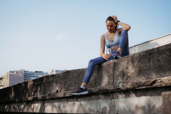 Young fitness woman in sportswear resting after hard workout session in the city. Sporty woman catching breath and drinking water after morning excercise.