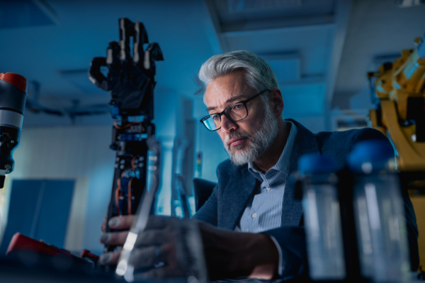 Robotics engineer adjusting, calibring robotic prosthetic artificial hand. Concept of modern technology in medicine. Robotic prosthetics, biomechatronics and neuroscience.