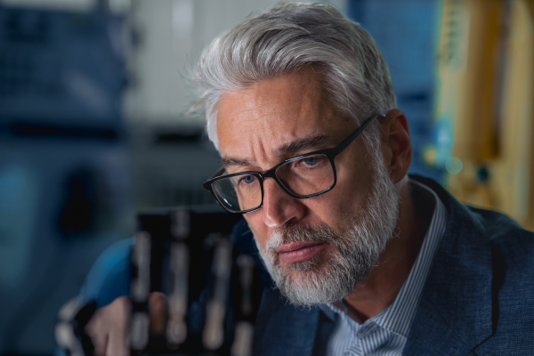 Robotics engineer adjusting, calibring robotic prosthetic artificial hand. Concept of modern technology in medicine. Robotic prosthetics, biomechatronics and neuroscience.