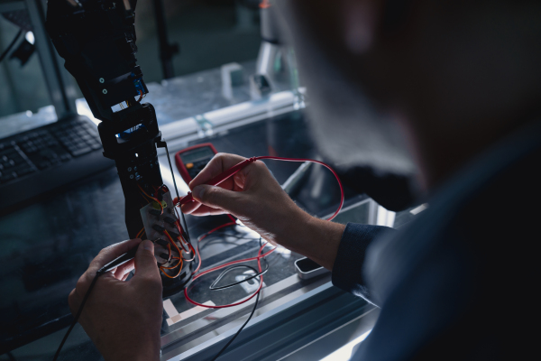 Robotics engineer adjusting, calibring robotic prosthetic artificial hand. Concept of modern technology in medicine. Robotic prosthetics, biomechatronics and neuroscience.