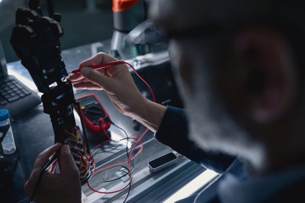 Robotics engineer adjusting, calibring robotic prosthetic artificial hand. Concept of modern technology in medicine. Robotic prosthetics, biomechatronics and neuroscience.