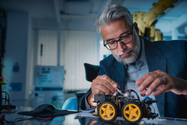 Automation, robotics engineer assembling robotic car. Concept of modern technology in industries, automated processes, automotive.