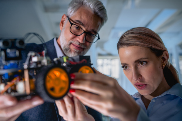 Two robotics engineers working on robotic car prototype for delivery, warehouse.Concept of modern technology in industries, automated processes, automotive.