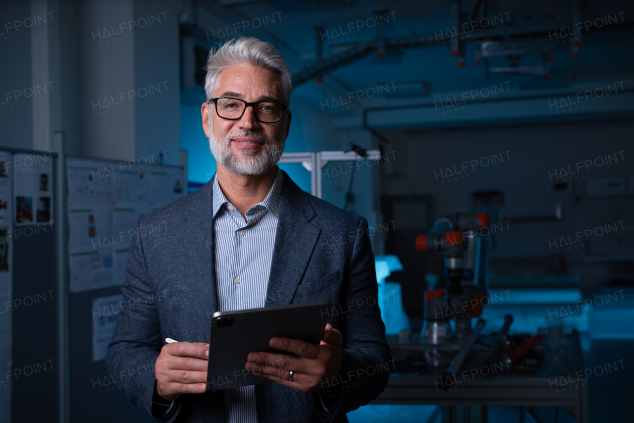 portrait of robotics engineer working on mechanical system of robotic arm. Concept of modern technology in industries, automated processes, automotive.