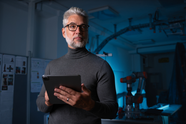 Portrait of robotics engineer holding tablet, standing in laboratory. Concept of modern technology in industries, automated processes, automotive.