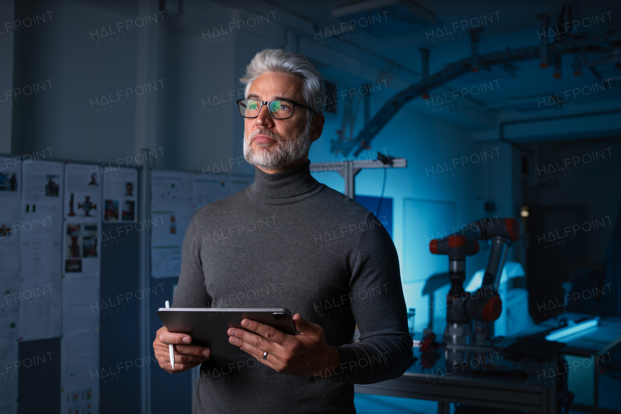 Portrait of robotics engineer holding tablet, standing in laboratory. Concept of modern technology in industries, automated processes, automotive.