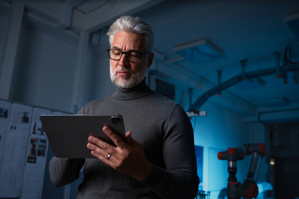 Portrait of robotics engineer holding tablet, standing in laboratory. Concept of modern technology in industries, automated processes, automotive.