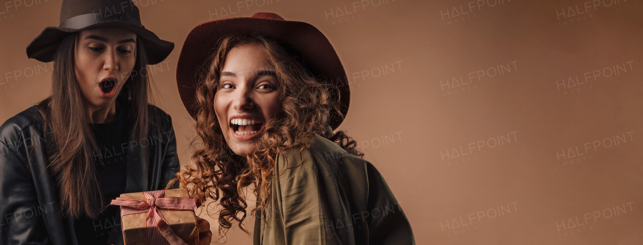 Portrait of two young happy friends with gift, studio shoot,