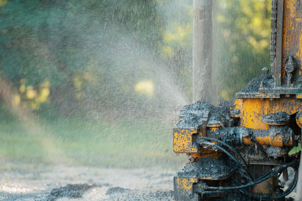 Close up of well drilling rig boring dowin into the earth. A rotary drill rig using bits to bore into ground and loosing the soil and rocks. Drilling machine, equipment using water to cool down bits. Mud and muddy water is spitting out when drilling borewell. Banner with copy space.