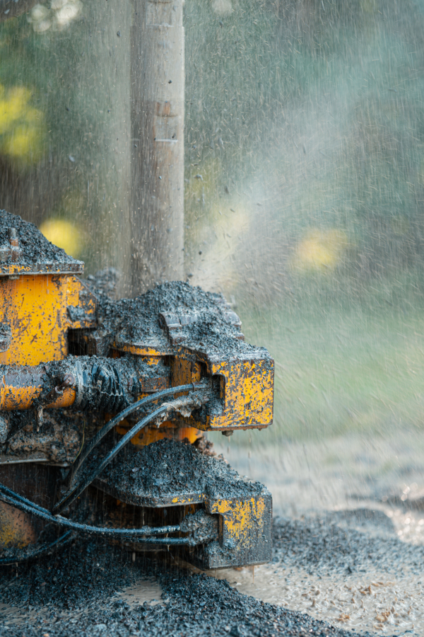 Close up of well drilling rig boring dowin into the earth. A rotary drill rig using bits to bore into ground and loosing the soil and rocks. Drilling machine, equipment using water to cool down bits. Mud and muddy water is spitting out when drilling borewell. Banner with copy space.