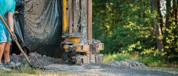 Close up of well drilling rig boring dowin into the earth. A rotary drill rig using bits to bore into ground and loosing the soil and rocks. Worker shoveling rubble. Drilling machine, equipment using water to cool down bits. Mud and muddy water is spitting out when drilling borewell. Banner with copy space.