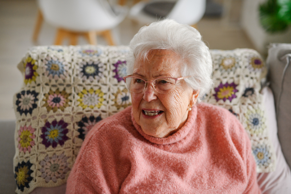 Portrait of elderly woman sitting in armchair at home, having relaxing moment.