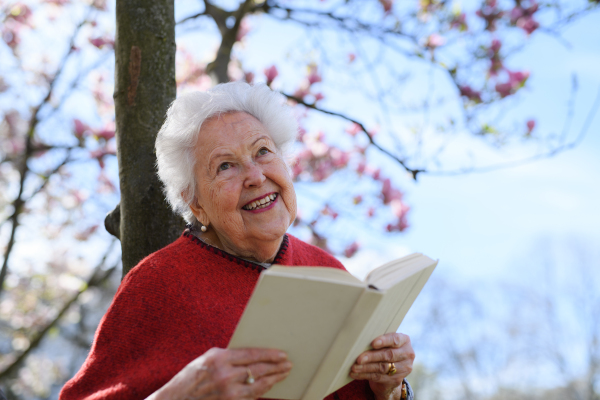 Elderly woman reading book outdoor, in park, having relaxing moment. Grandmother reading the bible in the cemetery.