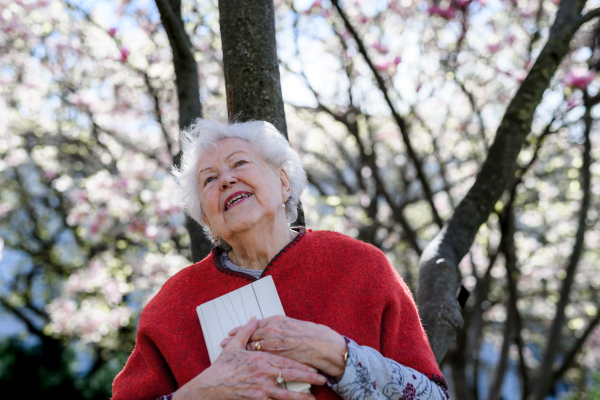 Elderly woman reading book outdoor, in park, having relaxing moment. Grandmother reading the bible in the cemetery.