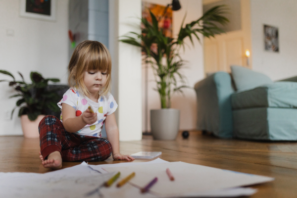 Cute little girl drawing with crayons, sitting on the floor in the living room.