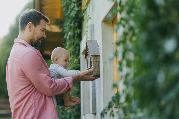 Father showing byby son wooden insect house outdoors in the garden. Bug hotel as home for many species of insects, garden ecosystem and biodiversity. DIY project.