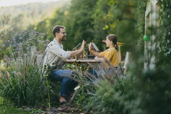 Father with daughter making an bug hotel, or insect house outdoors in the garden. Girl learning about insects, garden ecosystem and biodiversity. Girl and dad high five each other.