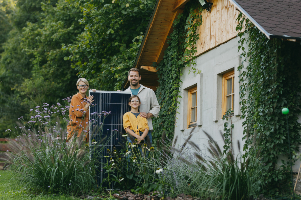 Family in garden holding solar panel. Solar energy and sustainable lifestyle of the young family. Concept of green energy and sustainable future for next generations.