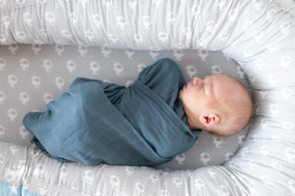 A newborn baby boy sleeping and swaddled in blue cloth lying in grey nest.