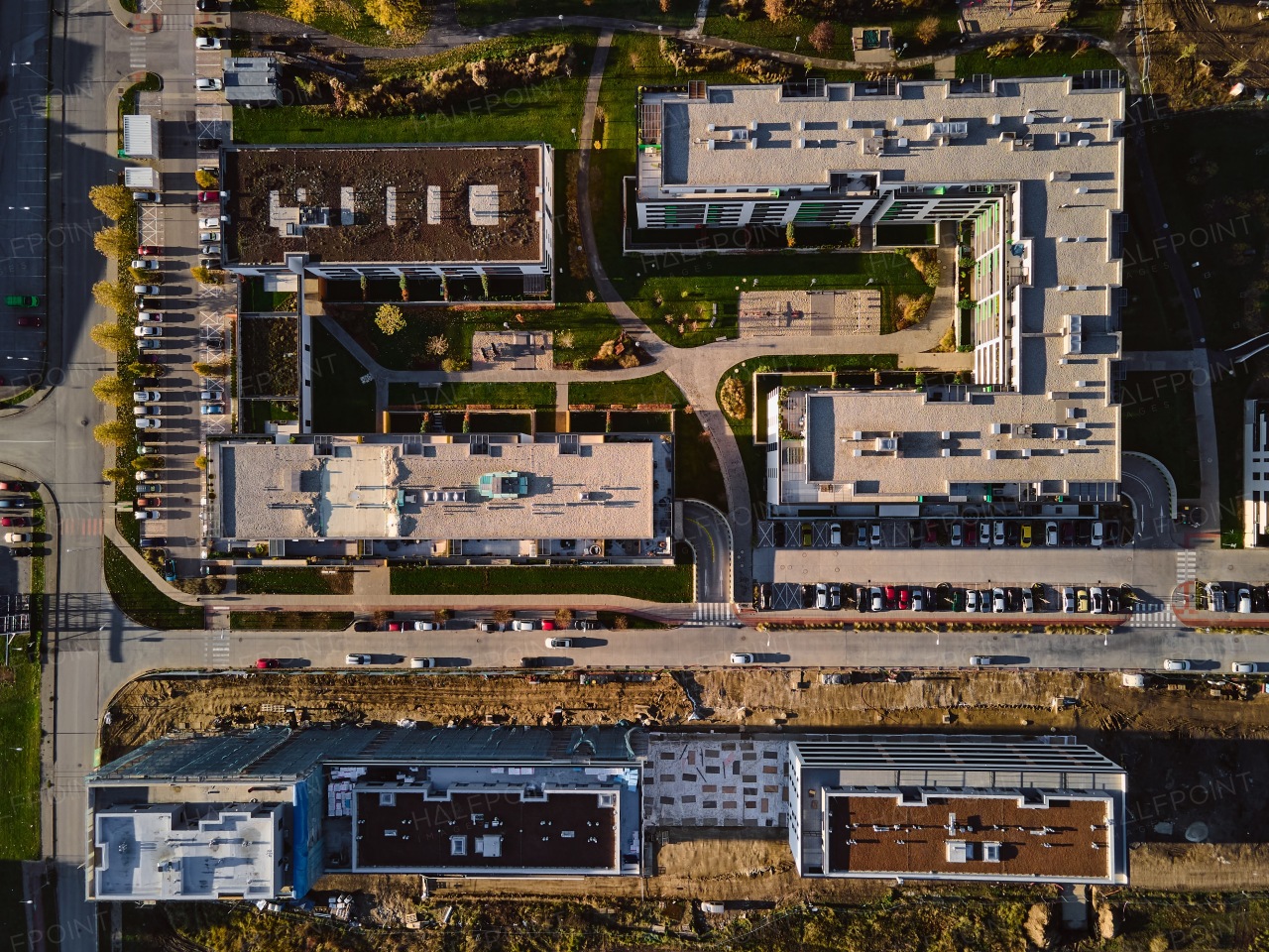 Roof garden, green architecture. Top view of garden on the roof of a building in the middle of city. Areal view of community garden on rooftop.