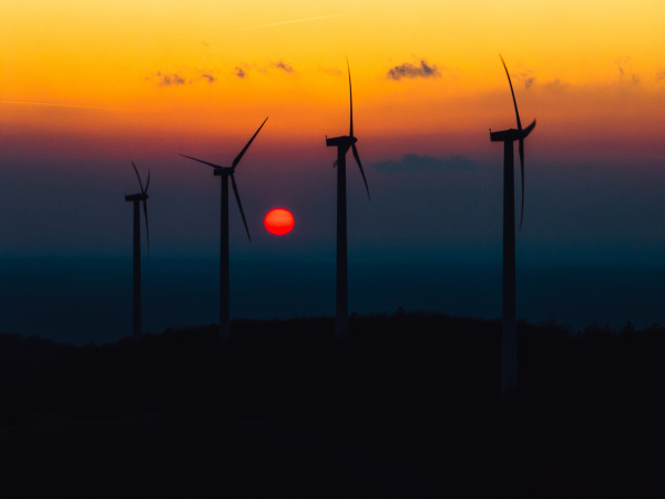 Aerial landscape photography of sunrise over nature with wind turbines. Wind turbine towers in soft morning light with forest, trees around, harmony of nature and technology. Concept of wind power as clean, renewable energy source.