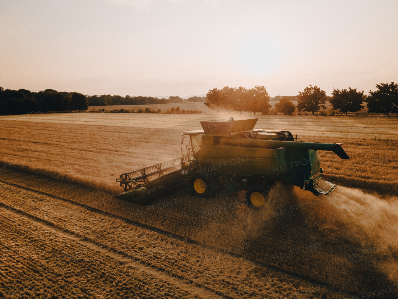 Aerial view of a harvester working on field. Agriculture and cultivation of industrial farms. Agribusiness.