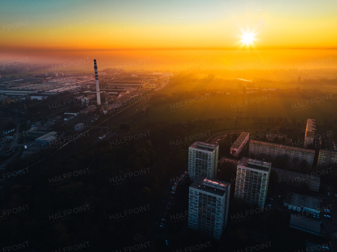 Aerial view of Bratislava city during sunset.