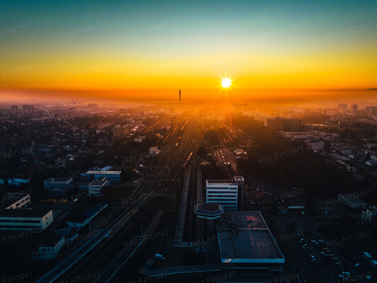 Aerial view of Bratislava city during sunset.