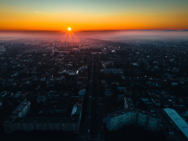 Aerial view of Bratislava city during sunset.