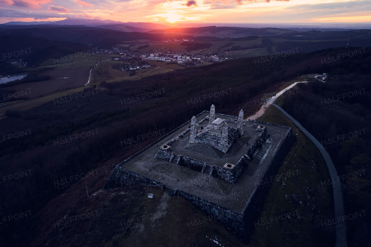 Aerial view of stone monument, memorial on hill during sunset. The Barrow of Milan Rastislav Stefanik in Slovakia.