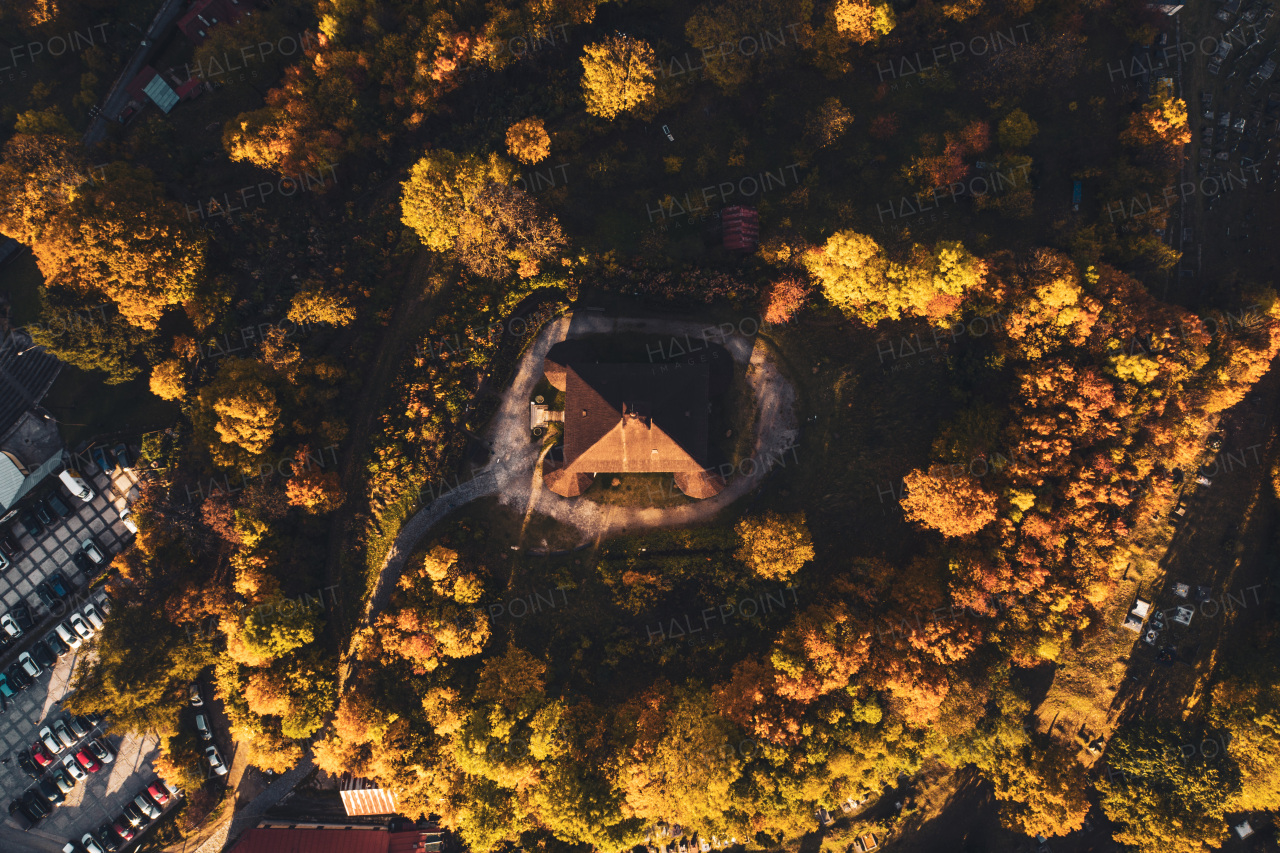 Top view of the historical romantic medieval castle in Slovakia. Europe traveling concept.