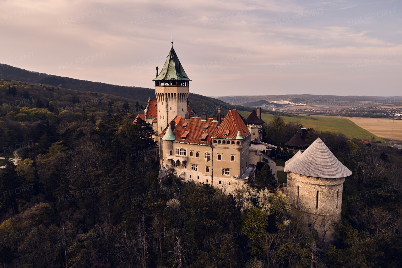 Aerial view of the Bojnice romantic medieval castle in Slovakia. Europe traveling concept.