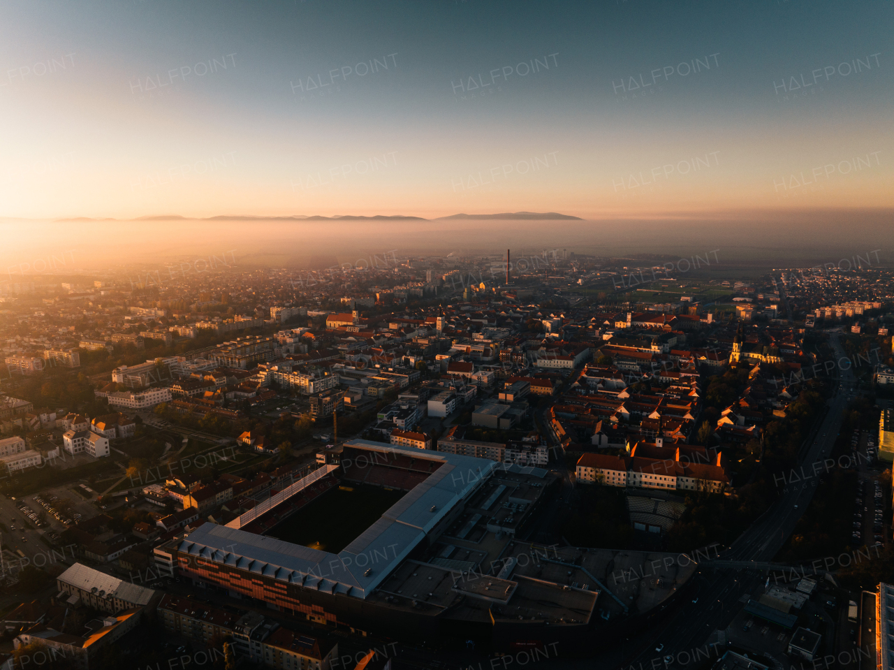 Aerial view of Bratislava city during sunset.