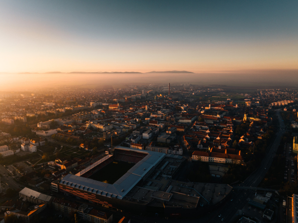 Aerial view of Bratislava city during sunset.