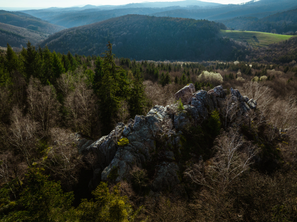 Aerial view of autumn forest with rocks in the middle of trees.