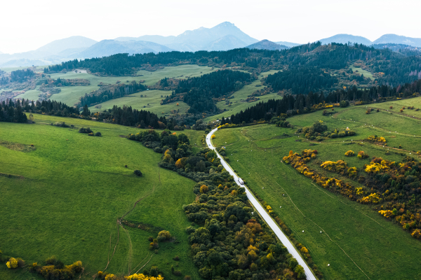 Aerial view of green summer farm fields, crops or pasture with road and mountains.