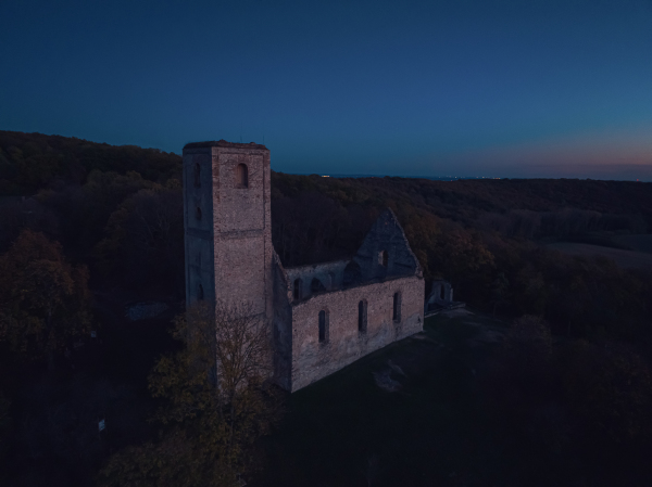 Aerial view of old ruins of historical castle in the middle of forest. Drone view of natural landscape with broken fortress during sunset.