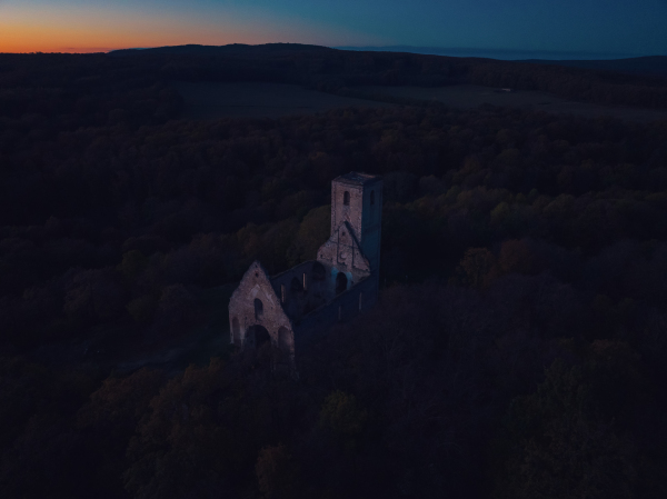 Aerial view of old ruins of historical castle in the middle of forest. Drone view of natural landscape with broken fortress during sunset.